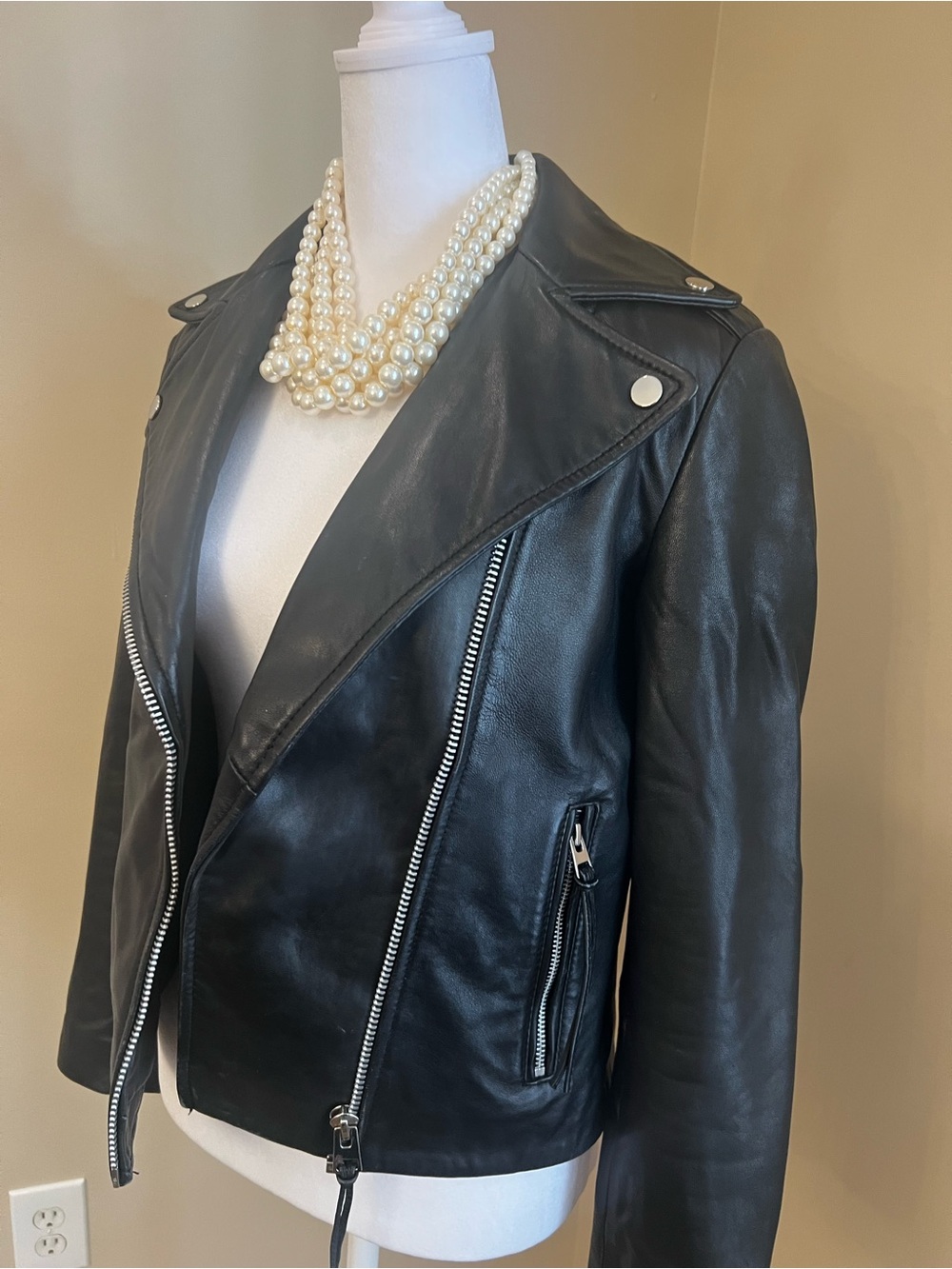Mango Black Leather Asymmetrical Moto Jacket - Picture 2 of 14